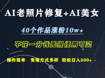 AI老照片修复+AI美女玩发  40个作品涨粉10w+  不花一分钱使用可灵  操作简单  变现方式多样话   轻松日去500+武野创库-网创项目资源站-副业项目-创业项目-搞钱项目武野创库