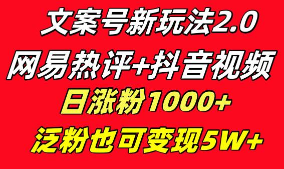 文案号新玩法 网易热评+抖音文案 一天涨粉1000+ 多种变现模式 泛粉也可变现武野创库-网创项目资源站-副业项目-创业项目-搞钱项目武野创库