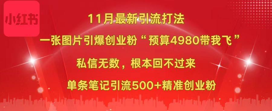 小红书11月最新图片打法,一张图片引爆创业粉“预算4980带我飞”,私信无数,根本回不过来,单条笔记引流500+精准创业粉武野创库-网创项目资源站-副业项目-创业项目-搞钱项目武野创库
