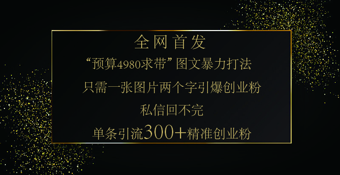 小红书，“预算 4980 带我飞” 的神奇图片引流法，堪称涨粉核武器！只需一张图，就能单条笔记凭借此方法，轻松引流 300 + 精准创业粉！网创吧-网创项目资源站-副业项目-创业项目-搞钱项目武野创库