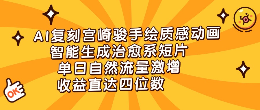AI复刻宫崎骏手绘质感动画,智能生成治愈系短片,单日自然流量激增,收益直达四位数网创吧-网创项目资源站-副业项目-创业项目-搞钱项目网创吧