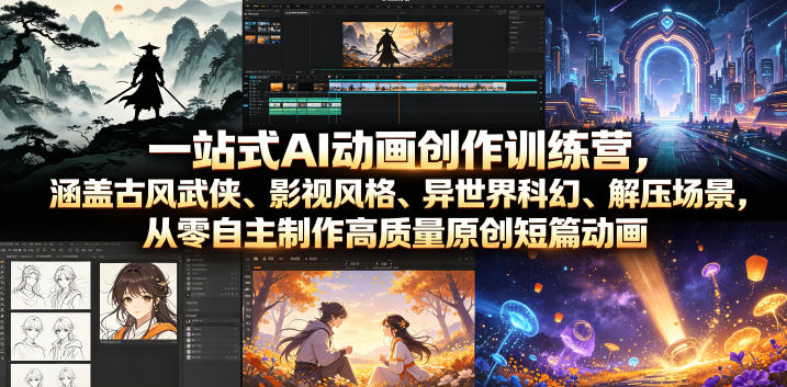 一站式AI动画创作训练营，涵盖古风武侠、影视风格、异世界科幻、解压场景，从零自主制作高质量原创短篇动画武野创库-网创项目资源站-副业项目-创业项目-搞钱项目野创库