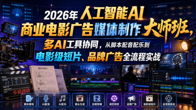 2026年人工智能AI商业电影广告媒体制作大师班，多AI工具协同，从脚本配音配乐到电影级短片、品牌广告全流程实战（中英字幕）武野创库-网创项目资源站-副业项目-创业项目-搞钱项目野创库