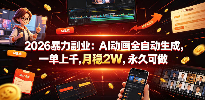 2026暴力副业：AI动画全自动生成，一单上千，月稳2W，永久可做【揭秘】武野创库-网创项目资源站-副业项目-创业项目-搞钱项目野创库