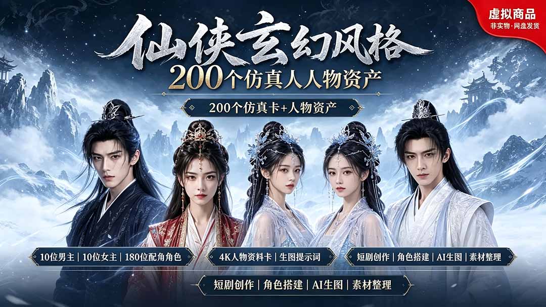 （19301期）200个仙侠玄幻仿真人素材◆10男主×10女主×180配角，4K资料卡+AI生图提示词，漫剧必备武野创库-网创项目资源站-副业项目-创业项目-搞钱项目野创库