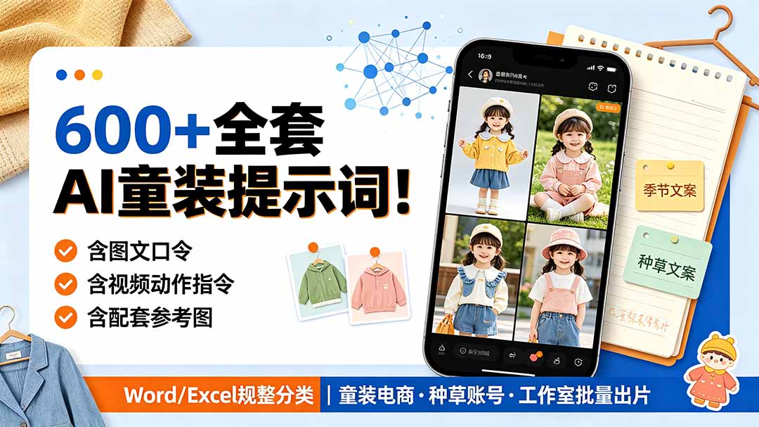 （19302期）600+全套AI童装提示词！含图文口令+视频动作指令+配套参考图，Word/Excel规整分类，童装电商、种草无脑量产内容武野创库-网创项目资源站-副业项目-创业项目-搞钱项目野创库