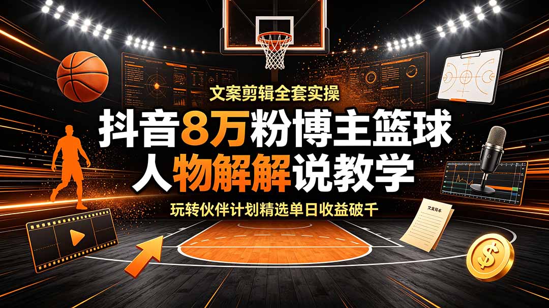 （19135期）抖音8万粉博主篮球人物解说教学，文案剪辑全套实操，玩转伙伴计划精选单日收益破千武野创库-网创项目资源站-副业项目-创业项目-搞钱项目野创库