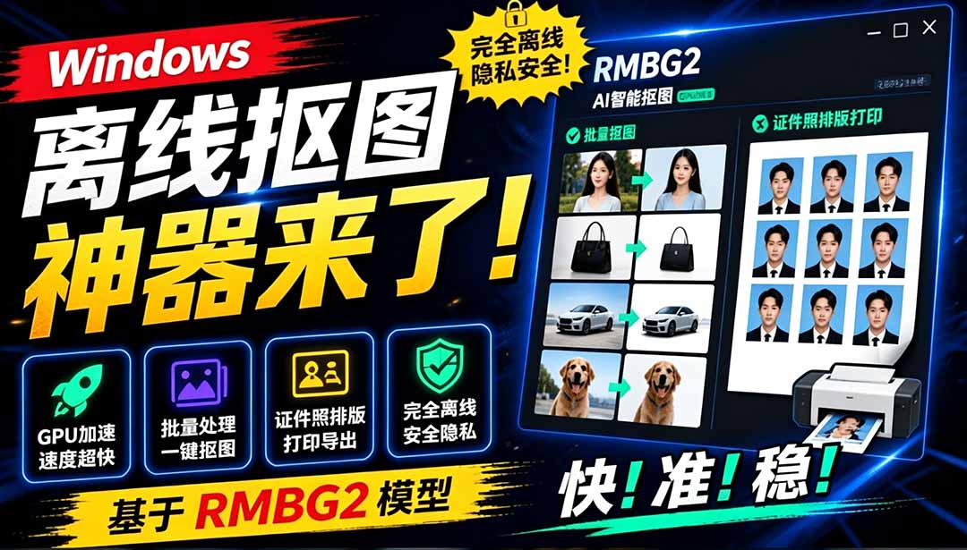 （19357期）Windows离线抠图神器来了！支持批量抠图 + 证件照排版打印，基于RMBG2模型，GPU加速 方块AI抠图武野创库-网创项目资源站-副业项目-创业项目-搞钱项目野创库