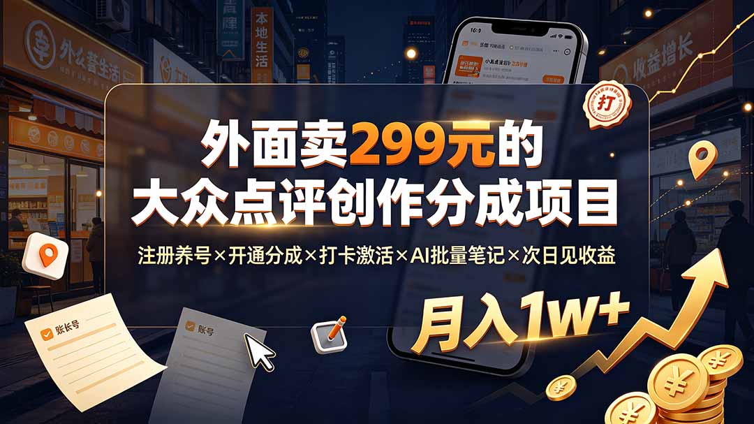 （19488期）外面卖299元的大众点评创作分成项目：注册养号×开通分成×打卡激活×AI批量笔记×次日见收益，月入1w+武野创库-网创项目资源站-副业项目-创业项目-搞钱项目野创库