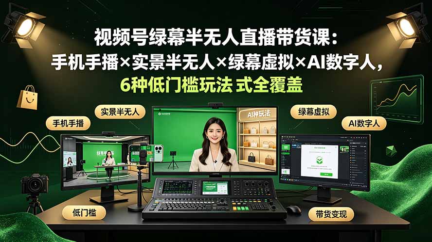 （19271期）视频号绿幕半无人直播带货课：手机手播×实景半无人×绿幕虚拟×AI数字人，6种低门槛玩法全覆盖武野创库-网创项目资源站-副业项目-创业项目-搞钱项目野创库