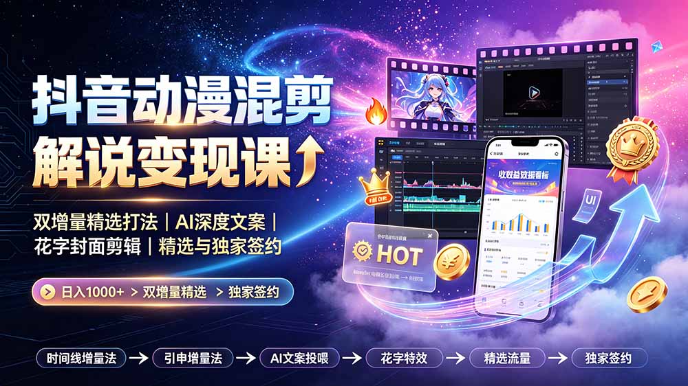 （19311期）抖音动漫混剪解说变现课：双增量精选打法｜AI深度文案｜花字封面剪辑｜ 精选与独家签约日入1000+武野创库-网创项目资源站-副业项目-创业项目-搞钱项目野创库