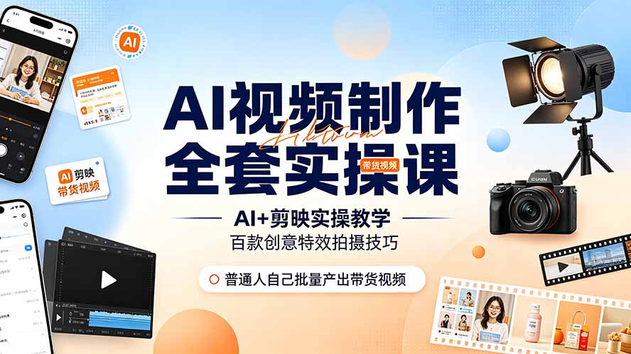 （19200期）AI视频制作全套实操课，多款AI工具搭配剪映教学，百种特效运镜拍摄实操，抖音账号带货运营全覆盖武野创库-网创项目资源站-副业项目-创业项目-搞钱项目野创库