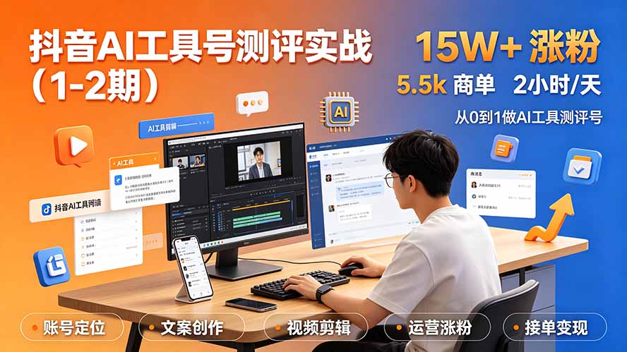 （19380期）抖音AI工具号测评实战（1-2期）：单号涨粉15W+×商单5.5k×伙伴计划×普通人可复制，每天2小时长期可持续武野创库-网创项目资源站-副业项目-创业项目-搞钱项目野创库