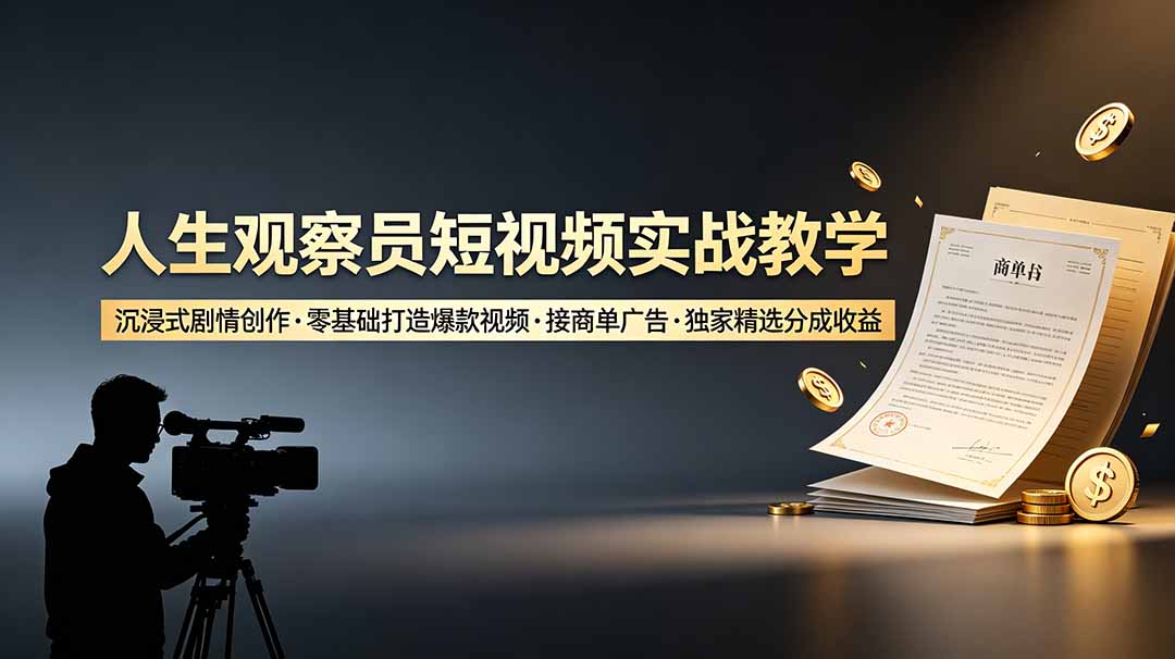 （19113期）人生观察员短视频实战教学，沉浸式剧情创作，零基础打造爆款视频，接商单广告，独家精选分成收益武野创库-网创项目资源站-副业项目-创业项目-搞钱项目野创库
