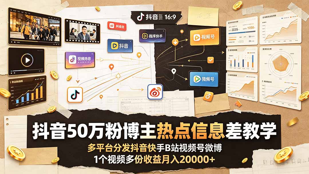 （19145期）抖音50万粉博主热点信息差教学：多平台分发抖音快手B站视频号微博，1个视频多份收益月入20000+武野创库-网创项目资源站-副业项目-创业项目-搞钱项目野创库