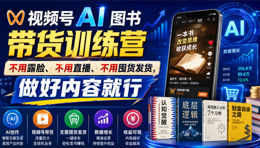 视频号AI图书带货训练营，不用露脸、不用直播、不用囤货发货，做好内容就行，一条爆款视频佣金8942武野创库-网创项目资源站-副业项目-创业项目-搞钱项目野创库