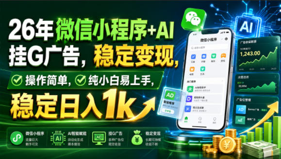 26年微信小程序+AI挂G广告，稳定变现，操作简单，纯小白易上手，稳定日入1k【揭秘】武野创库-网创项目资源站-副业项目-创业项目-搞钱项目野创库