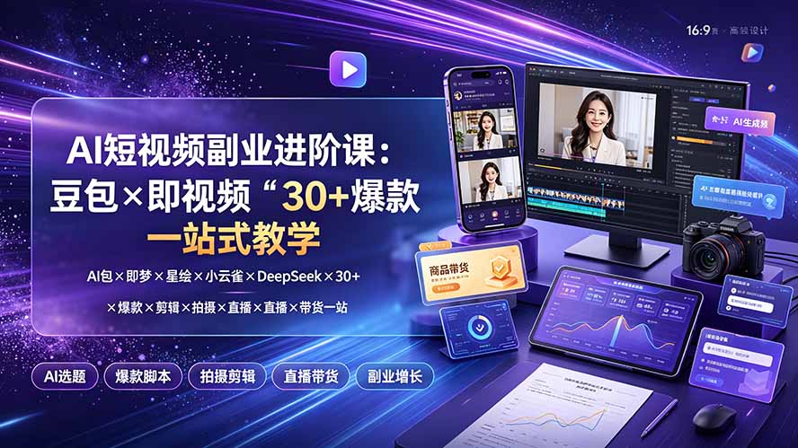（19458期）AI短视频副业进阶课：豆包×即梦×星绘×小云雀×DeepSeek×30+爆款×剪辑×拍摄×直播×带货一站式教学武野创库-网创项目资源站-副业项目-创业项目-搞钱项目野创库
