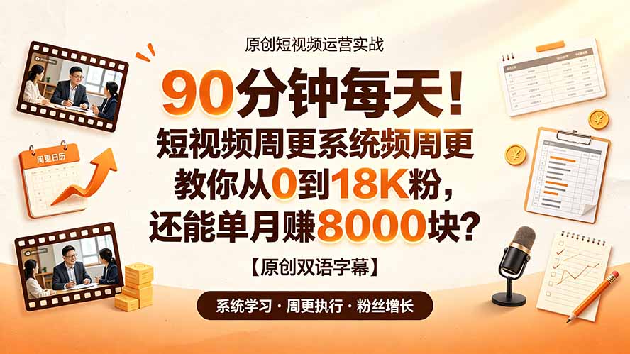（19265期）90 分钟每天！短视频周更系统教你从 0 到 18K 粉，还能单月赚 8000 块？【原创双语字幕】武野创库-网创项目资源站-副业项目-创业项目-搞钱项目野创库