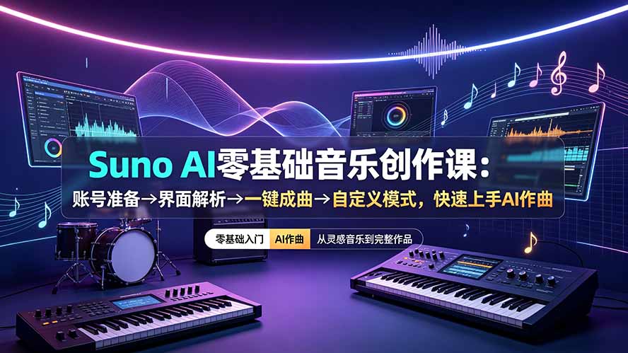 （19264期）Suno AI零基础音乐创作课：账号准备→界面解析→一键成曲→自定义模式，快速上手AI作曲武野创库-网创项目资源站-副业项目-创业项目-搞钱项目野创库