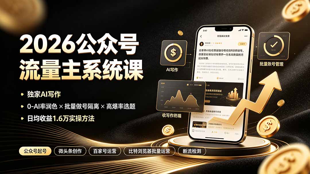 （19405期）2026公众号流量主系统课：独家AI写作×0-AI率润色×批量做号隔离×高爆率选题，日均收益1.6万实操方法武野创库-网创项目资源站-副业项目-创业项目-搞钱项目野创库