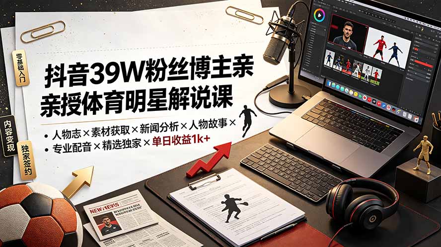 （19476期）抖音39W粉丝博主亲授体育明星解说课：人物志×素材获取×新闻分析×人物故事×专业配音×精选独家×单日收益1k+武野创库-网创项目资源站-副业项目-创业项目-搞钱项目野创库