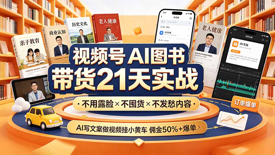 （19476期）视频号AI图书带货21天实战：不用露脸×不囤货×不发愁内容，AI写文案做视频挂小黄车，佣金50%+爆单武野创库-网创项目资源站-副业项目-创业项目-搞钱项目野创库