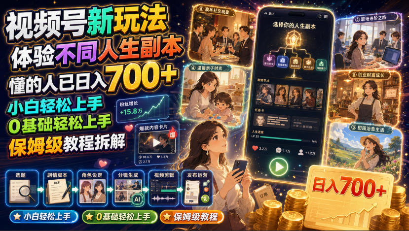 视频号新玩法体验不同人生副本，懂的人已日入700+，小白轻松上手，0基础轻松上手，保姆级教程拆解武野创库-网创项目资源站-副业项目-创业项目-搞钱项目野创库