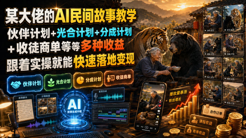 某大佬的AI民间故事教学，伙伴计划+光合计划+分成计划+收徒商单等多种收益，跟着实操就能快速落地变现武野创库-网创项目资源站-副业项目-创业项目-搞钱项目野创库