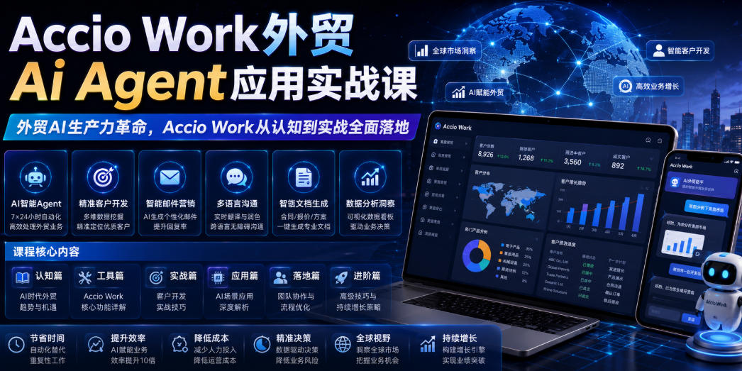 Accio Work外贸Ai Agent应用实战课，外贸AI生产力革命，Accio Work从认知到实战全面落地武野创库-网创项目资源站-副业项目-创业项目-搞钱项目野创库