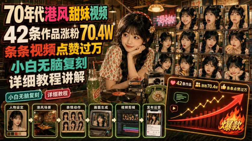 70年代港风甜妹视频，42条作品涨粉70.4W，条条视频点赞过万，小白无脑复刻，详细教程讲解武野创库-网创项目资源站-副业项目-创业项目-搞钱项目野创库