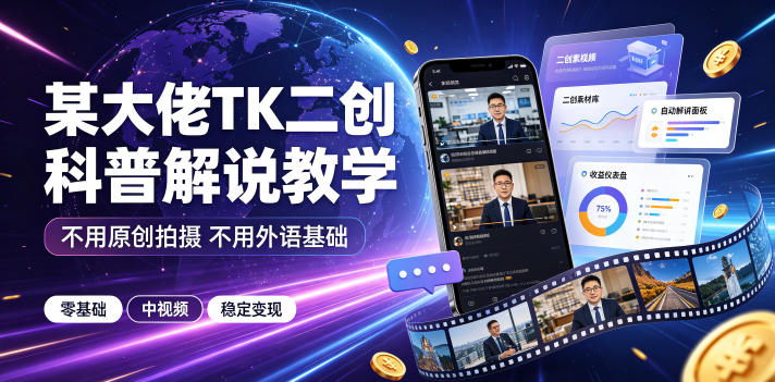 某大佬TK二创科普解说教学，不用原创拍摄不用外语基础，零基础做TikTok中视频稳定变现武野创库-网创项目资源站-副业项目-创业项目-搞钱项目野创库