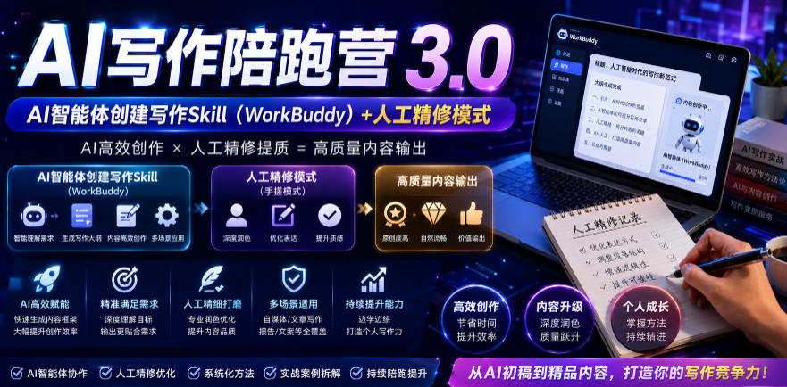 AI写作陪跑营3.0，Ai智能体创建写作skill（workbuddy）+人工手写模式（手搓模式），去除AI痕迹（头条号、公众号、百家号）武野创库-网创项目资源站-副业项目-创业项目-搞钱项目野创库