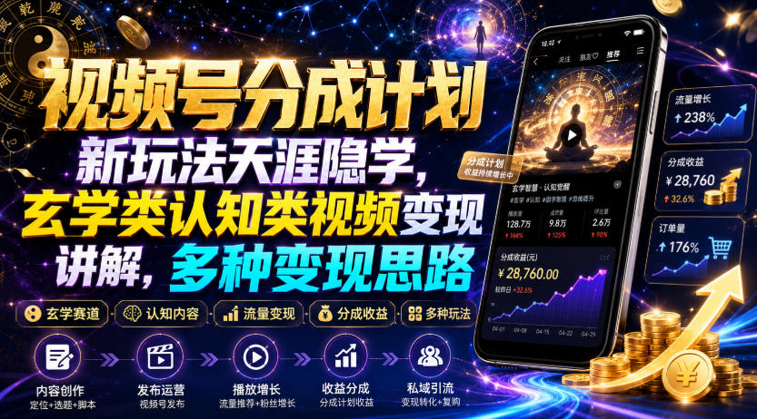 视频号分成计划新玩法天涯隐学，玄学类认知类视频变现讲解，多种变现思路武野创库-网创项目资源站-副业项目-创业项目-搞钱项目野创库