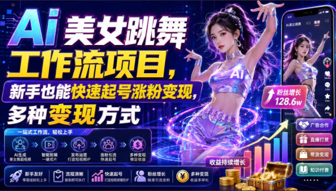 Ai美女跳舞工作流项目，新手也能快速起号涨粉变现，多种变现方式武野创库-网创项目资源站-副业项目-创业项目-搞钱项目野创库