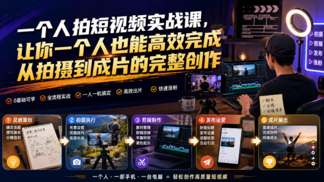 一个人拍短视频实战课，让你一个人也能高效完成从拍摄到成片的完整创作武野创库-网创项目资源站-副业项目-创业项目-搞钱项目野创库