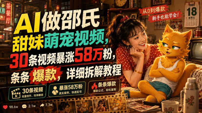 AI做邵氏甜妹萌宠视频，30条视频暴涨58万粉，条条爆款，详细拆解教程武野创库-网创项目资源站-副业项目-创业项目-搞钱项目野创库