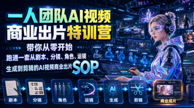 一人团队AI视频商业出片实战课：带你从零开始跑通一套从剧本、分镜、角色、运镜、生成到剪辑的AI视频商业出片SOP武野创库-网创项目资源站-副业项目-创业项目-搞钱项目野创库