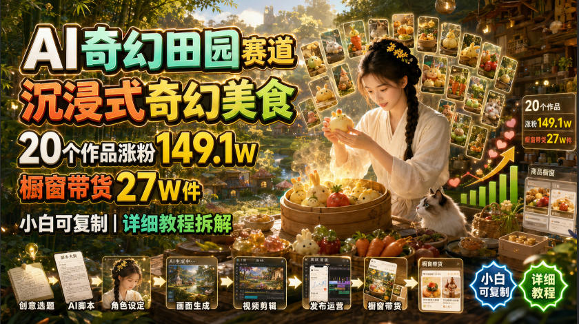 AI奇幻田园赛道，沉浸式奇幻美食，20个作品涨粉149.1W，橱窗带货27W件，小白可复制，详细教程拆解武野创库-网创项目资源站-副业项目-创业项目-搞钱项目野创库