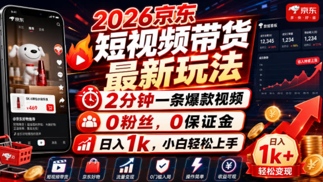 2026京东短视频带货最新玩法，2分钟一条爆款视频，0粉丝，0保证金，日入1k，小白轻松上手【揭秘】武野创库-网创项目资源站-副业项目-创业项目-搞钱项目野创库