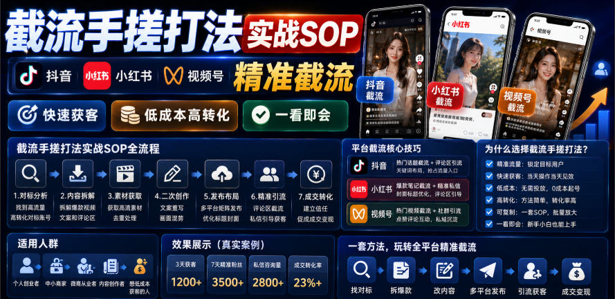 截流手搓打法实战SOP，抖音小红书视频号精准截流，快速获客，低成本高转化，一看即会武野创库-网创项目资源站-副业项目-创业项目-搞钱项目野创库