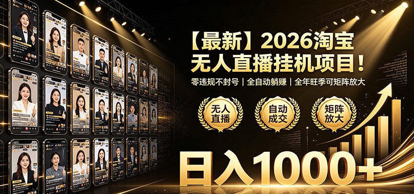 最新2026淘宝无人直播挂机项目！零违规不封号，全自动躺赚，日入1000+武野创库-网创项目资源站-副业项目-创业项目-搞钱项目野创库