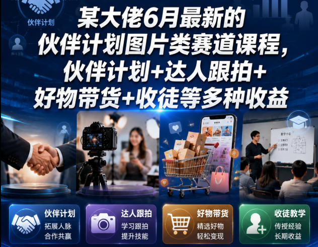某大佬6月最新的伙伴计划图片类赛道课程，伙伴计划+达人跟拍+好物带货+收徒等多种收益武野创库-网创项目资源站-副业项目-创业项目-搞钱项目野创库