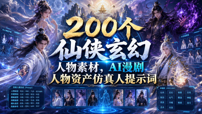 200个仙侠玄幻人物素材，AI漫剧人物资产仿真人提示词武野创库-网创项目资源站-副业项目-创业项目-搞钱项目野创库
