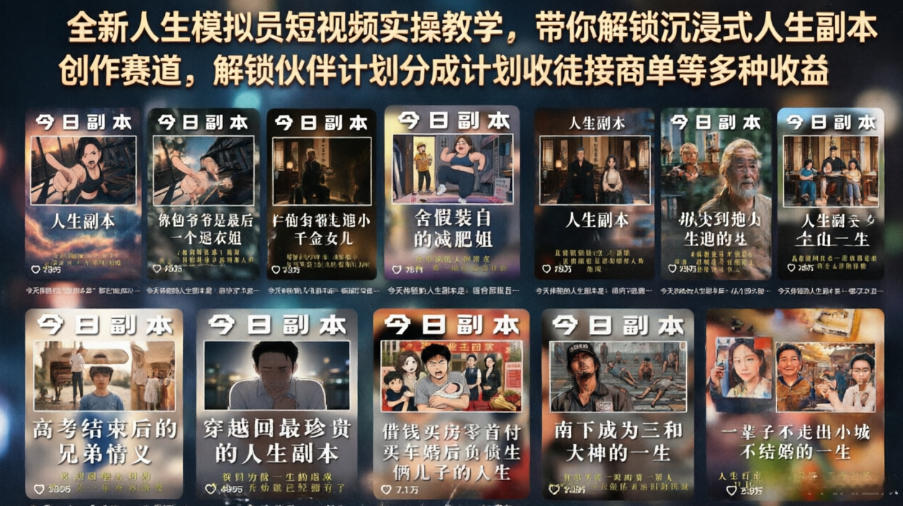 全新人生模拟员短视频实操教学，带你解锁沉浸式人生副本创作赛道，解锁伙伴计划分成计划收徒接商单等多种收益武野创库-网创项目资源站-副业项目-创业项目-搞钱项目野创库