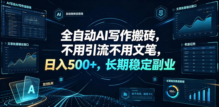 全自动AI写作搬砖，不用引流不用文笔，日入500+，长期稳定副业【揭秘】武野创库-网创项目资源站-副业项目-创业项目-搞钱项目野创库