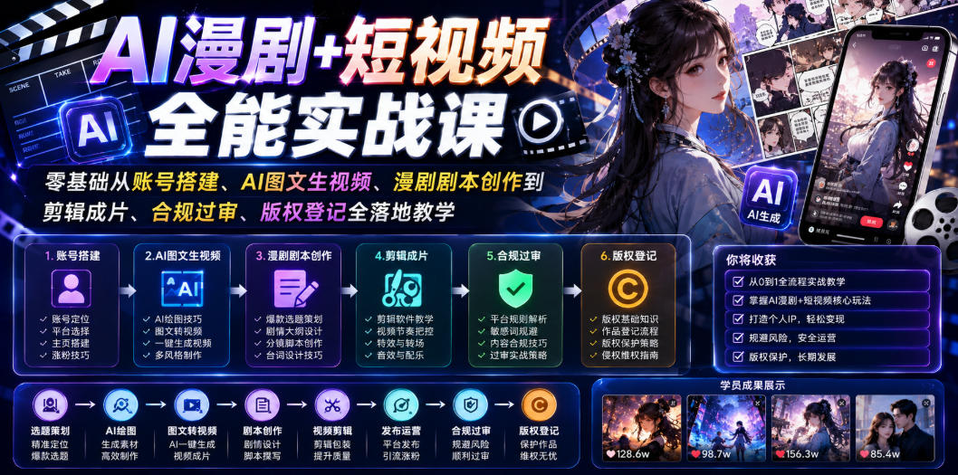 AI漫剧+短视频全能实战课｜零基础从账号搭建、AI图文生视频、漫剧剧本创作到剪辑成片、合规过审、版权登记全落地教学武野创库-网创项目资源站-副业项目-创业项目-搞钱项目野创库