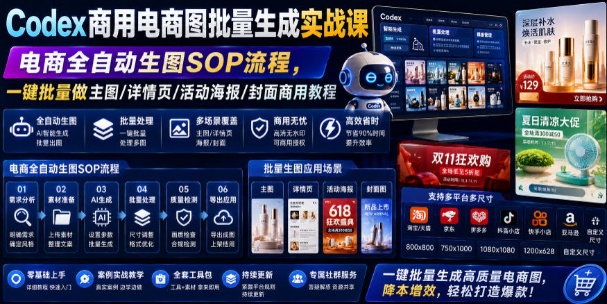 Codex商用电商图批量生成实战课｜电商全自动生图SOP流程，一键批量做主图/详情页/活动海报/封面商用教程武野创库-网创项目资源站-副业项目-创业项目-搞钱项目野创库