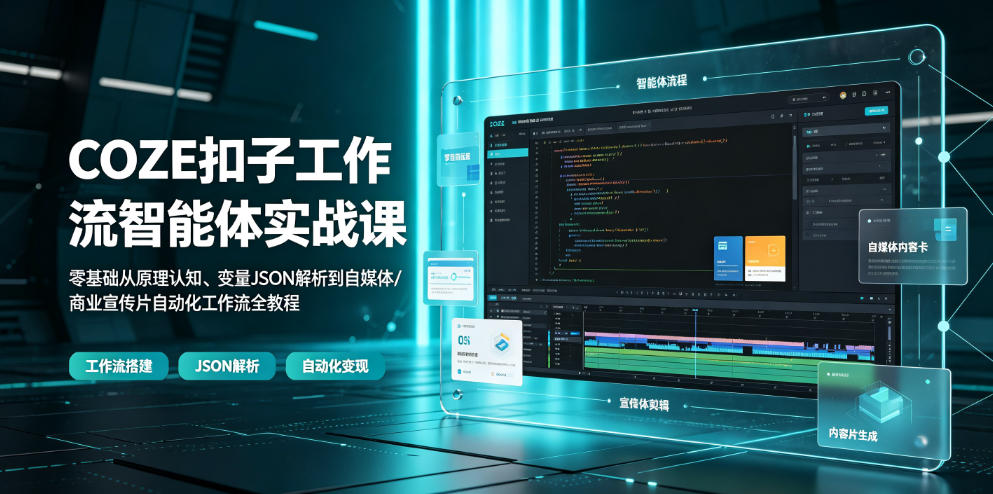COZE扣子工作流智能体实战课｜零基础从原理认知、变量JSON解析到自媒体/商业宣传片自动化工作流全教程武野创库-网创项目资源站-副业项目-创业项目-搞钱项目野创库