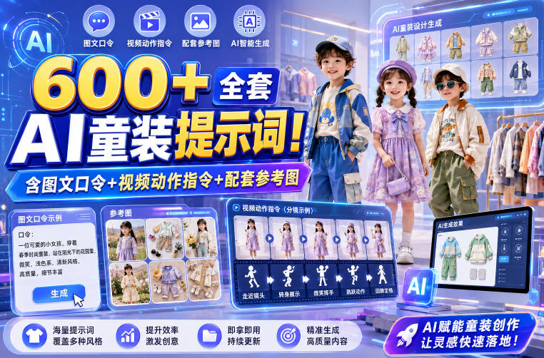 600+全套AI童装提示词！含图文口令+视频动作指令+配套参考图，Word-Excel规整分类，童装电商、种草无脑量产内容！武野创库-网创项目资源站-副业项目-创业项目-搞钱项目野创库